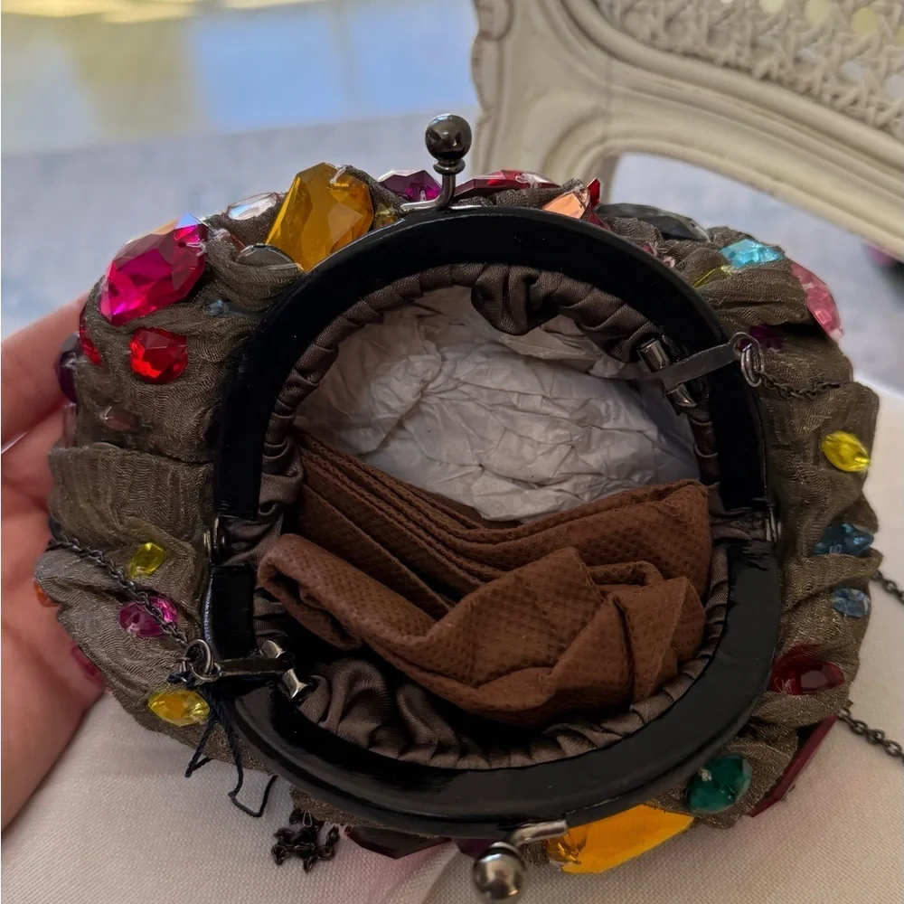 Embellished Dark Brown Jeweled Evening Clutch with Chain